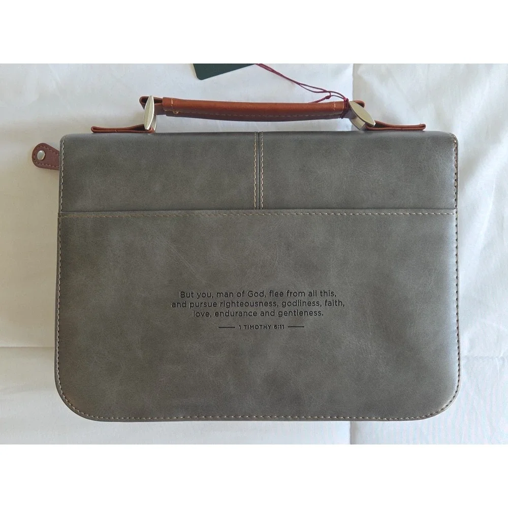 Men's Bible Cover - Be Strong and Courageous, Gray Faux Leather